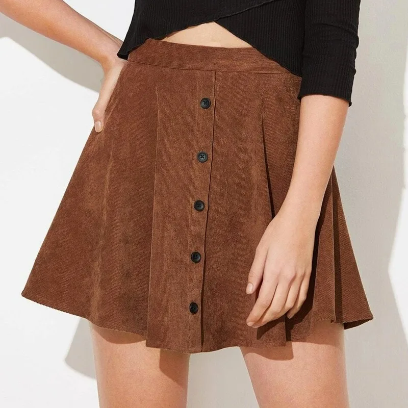 Womens Corduroy Skirt High Waisted Flared Midi Button Front Fall Winter Feminine Outfit