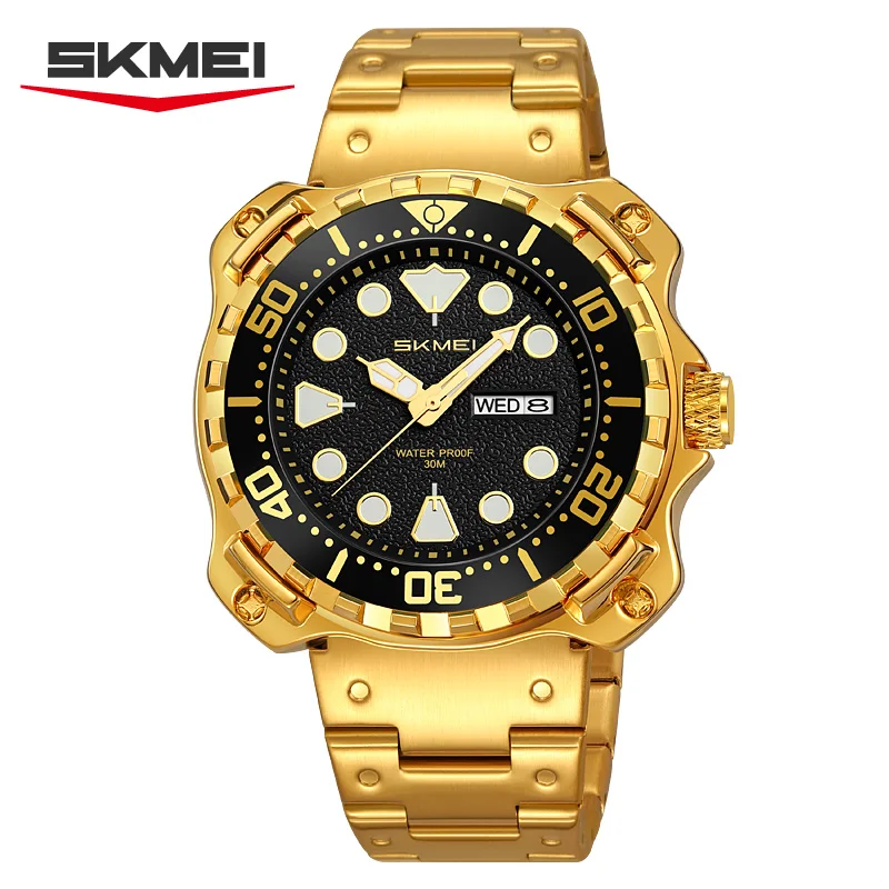 SKMEI 9385 Men's Watch Gold Stainless Steel Strap Green Blue Dial Quartz Watch Fashion Sports Calendar Week 30M Waterproof Reloj