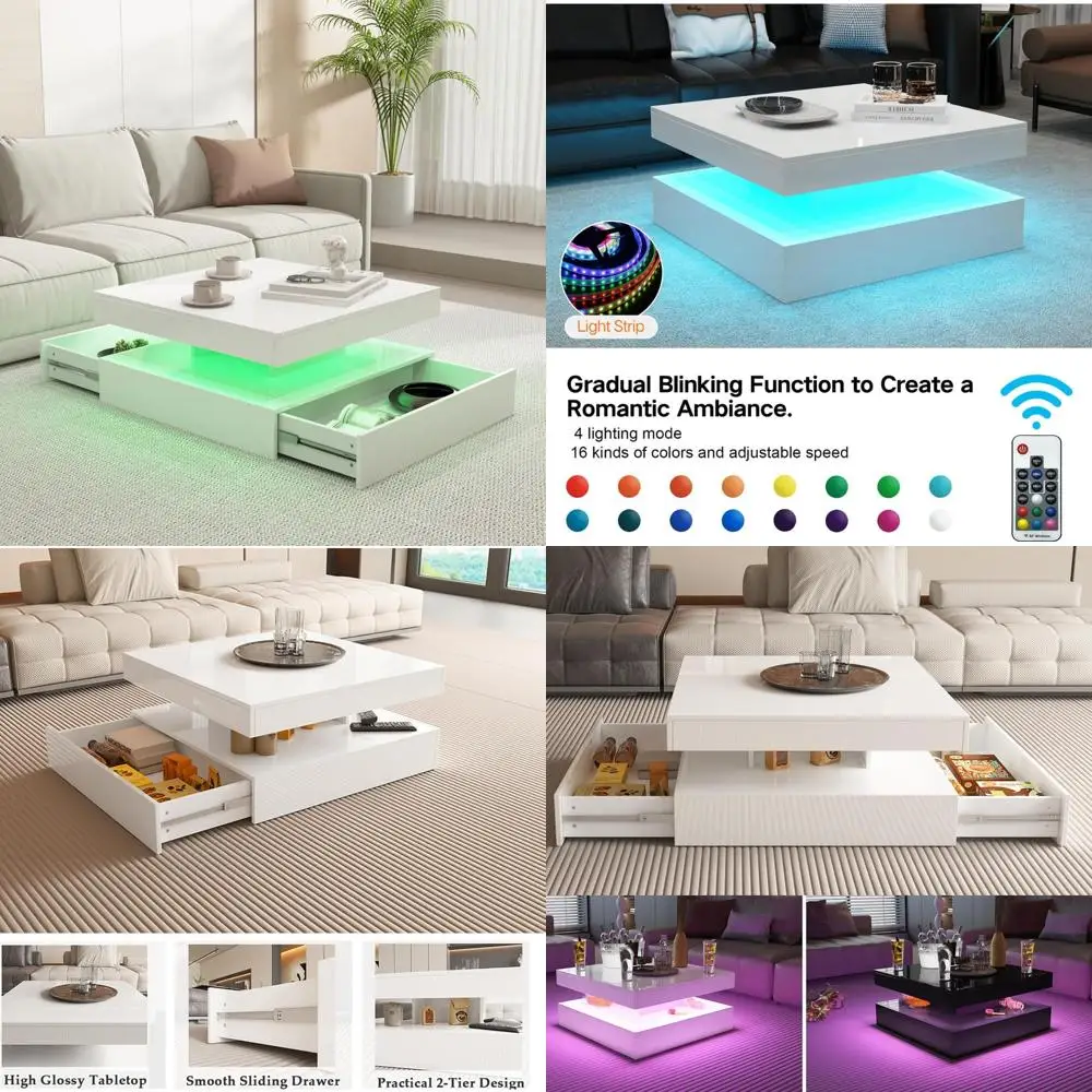 طاولة قهوة بيضاء LED لغرفة المعيشة، طاولة قهوة مربعة مع أضواء، طاولة كوكتيل ذات سطح عالي اللمعان، طاولة مركزية حديثة