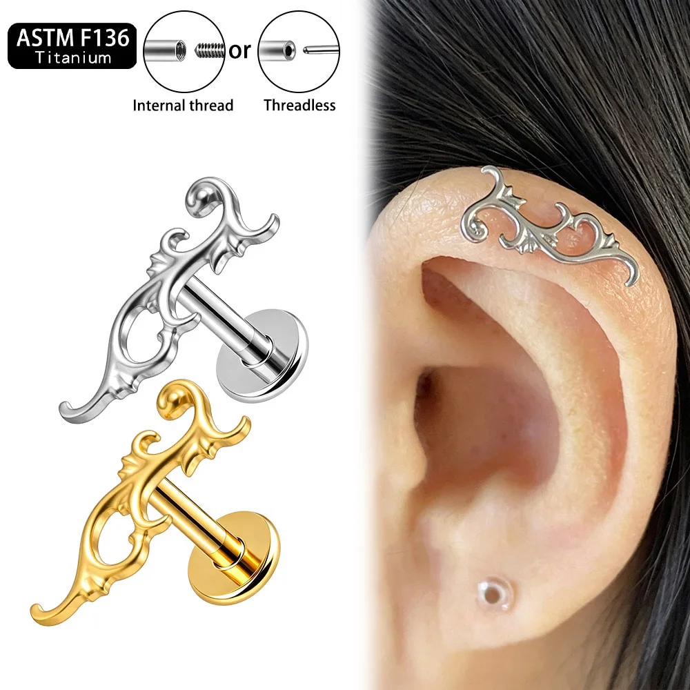 Giga 1Pcs ASTM F136 Titanium Baroque Scroll Vine Labret Stud Cartilage Earring Helix Flat Back Piercing Jewelry Vintage