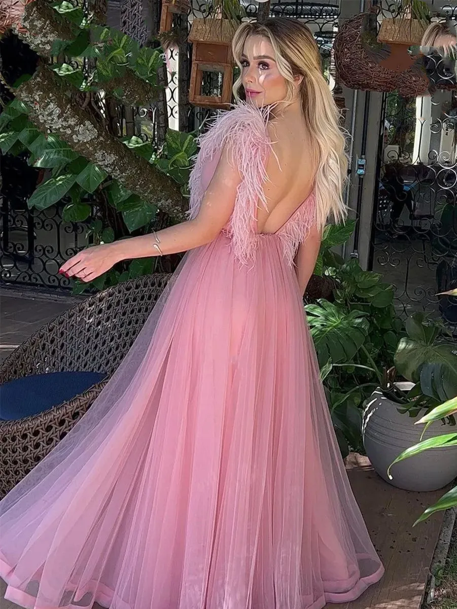 Pink Tulle Sleeveless Feather Evening Dress Luxury Elegant A Line Floor Length Homecoming Prom Party Gown robe de soirée 드레스