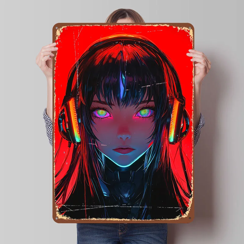 Cyberpunk Anime Girl Metal Poster Custom Wall Art Retro Vintage Tinplate Signs for Man Cave Modern Home Decoration Luxury Decor