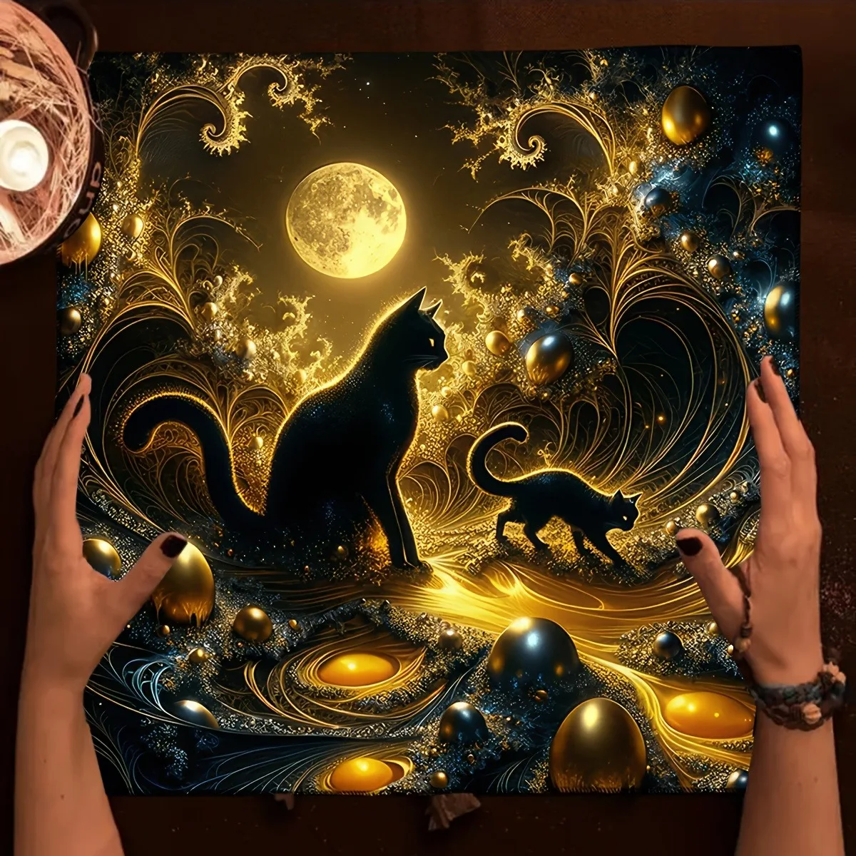 Moon Cat Tarot Altar Cloth Multiple Sizes HD Print Gothic Astrology Black Cat Gold Tone Polyester Halloween Party Game Gift
