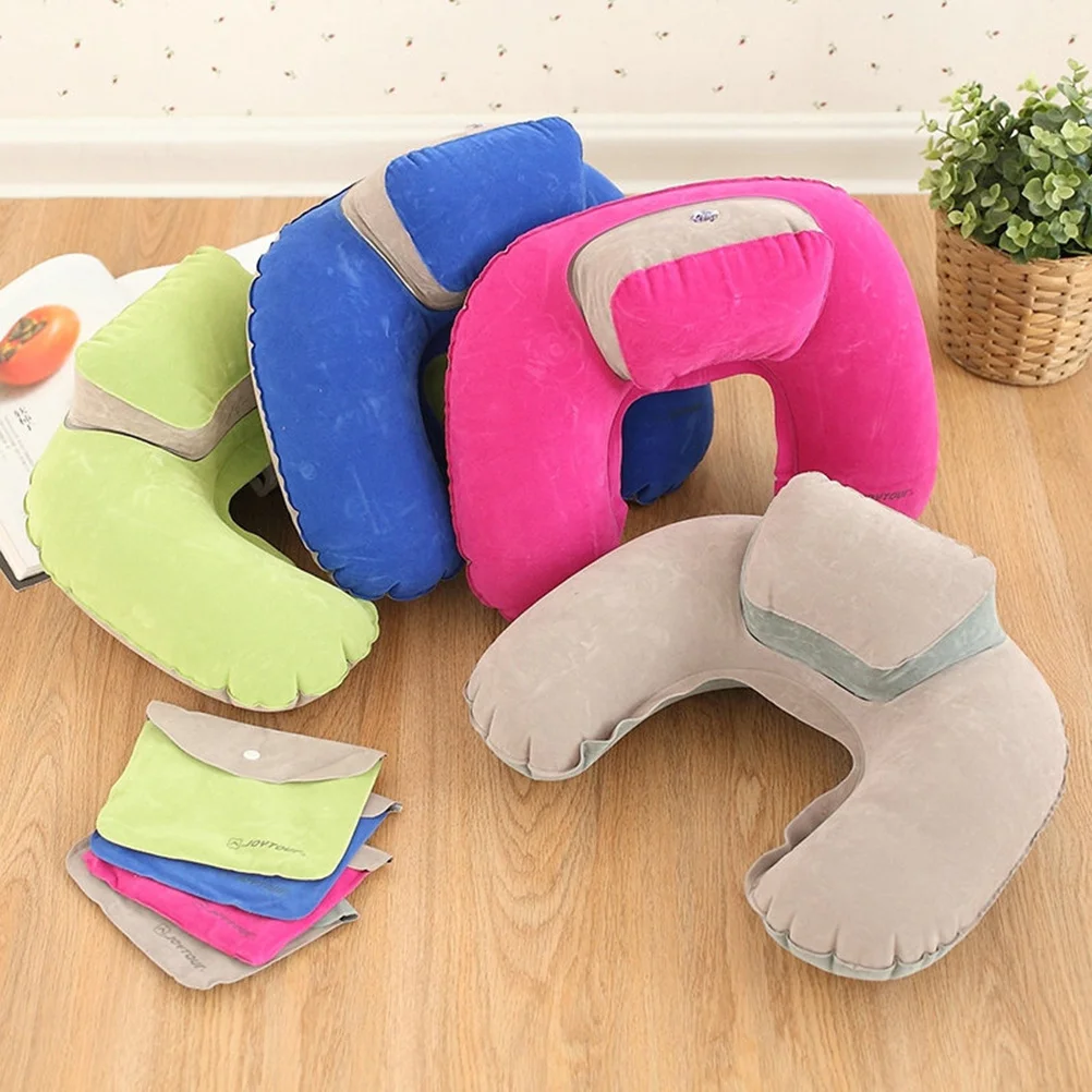 

U Shape Inflatable Pillow Neck Head Cushion Rosy For Travel Camping Outdoor Lightweight Portable Air Pillow For Car Plane
