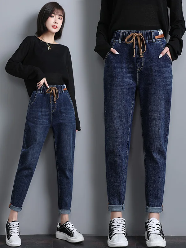 

High Waist plus Size Harlan Denim Jeans Women's Fce Lined Elastic Waist Slimming Stretchy Loose Dad Pants