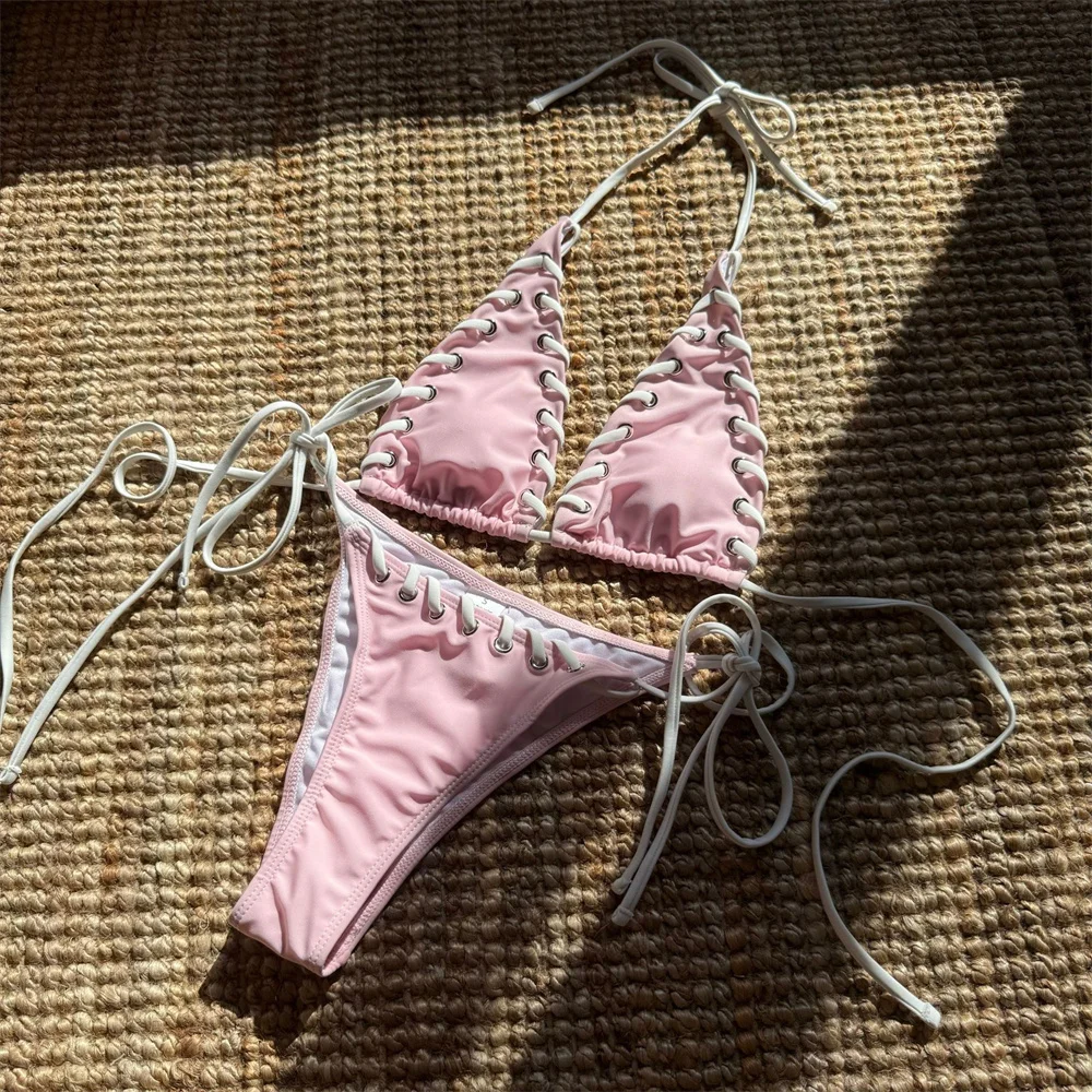 

Сексуальный перфорированный бикини с треугольными завязками, купальник с открытой спиной, комплект бикини, женский купальник для отдыха, пляжный наряд, купальный костюм