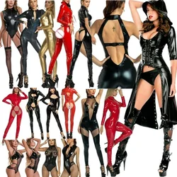 Mono Sexy de piel sintética para mujer, mono de látex de PVC con cremallera frontal, entrepierna abierta, mono elástico, Bodystocking, disfraz erótico