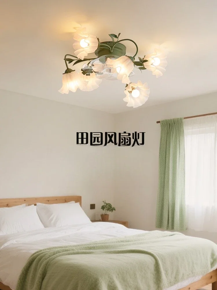French retro cream fan light bedroom ceiling light creative room antique pastoral flowers children's room lamps