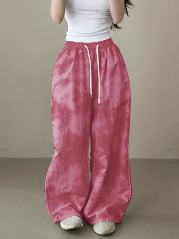 Tie Dye Streetwear Pant Women Vintage High Waist American Y2K Trousers Summer Loose Harajuku Lace Up Soft Bf Retro Wide Leg Pant