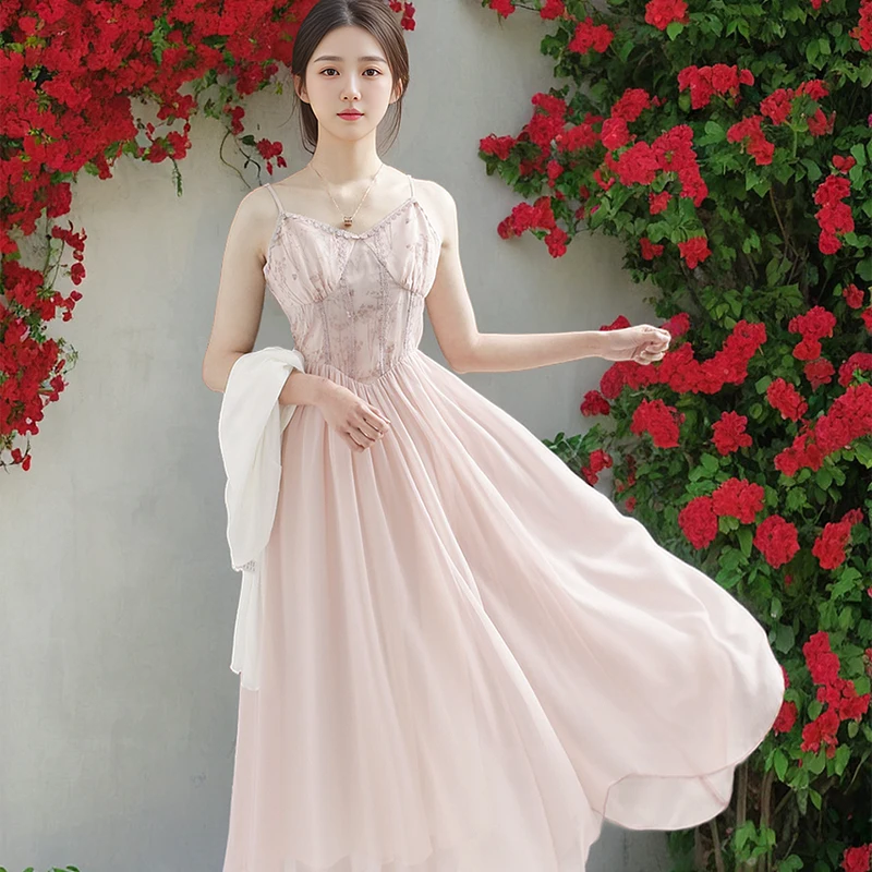 

Coigarsam Women's French Style Long Dress, Sleeveless Spaghetti Strap, Pink Camisole Skirt Cardigan, Casual Summer Fashion