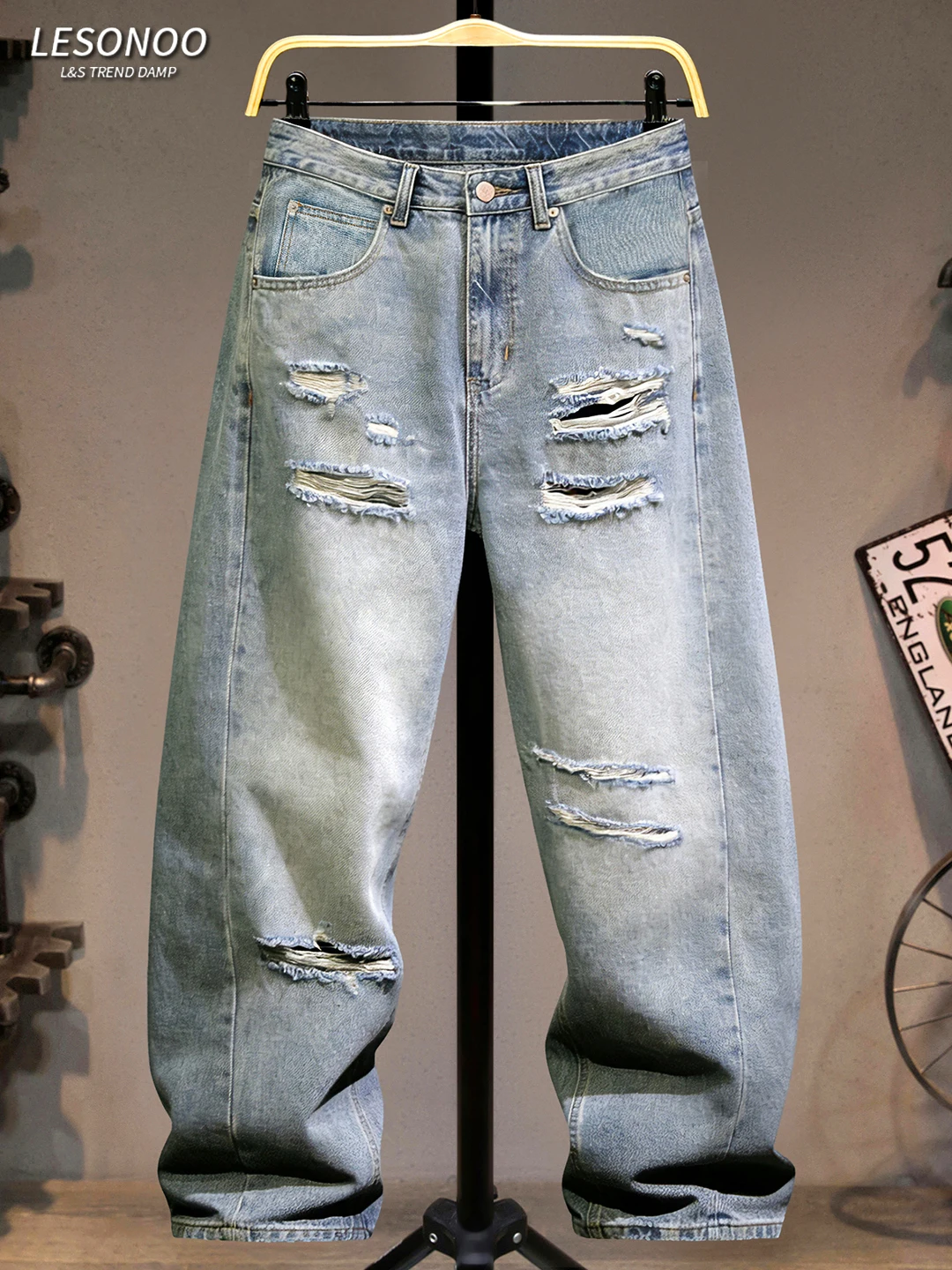 

Мужские рваные джинсы American High Street Sle, светло-голубые, широкие, прямые, свободные, длинные брюки, модные универсальные штаны
