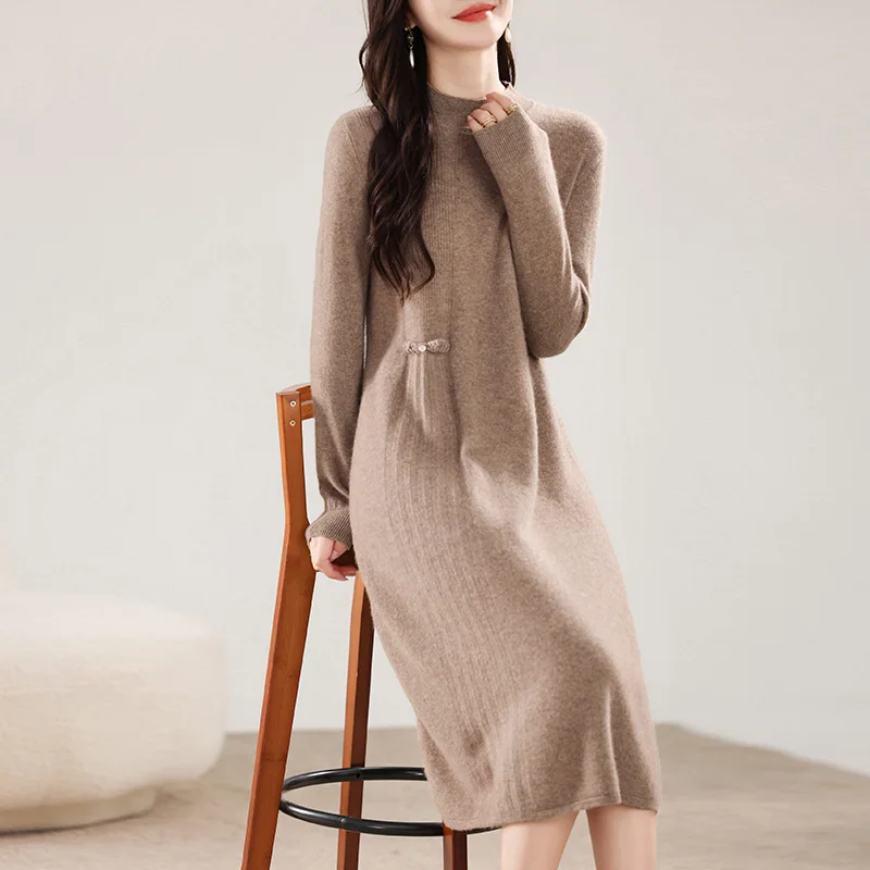 

Fall/Winter Half-high Neck 100% Pure Wool Skirt Long Sweater Skirt Loose Bottom Long Skirt Knitted Dress