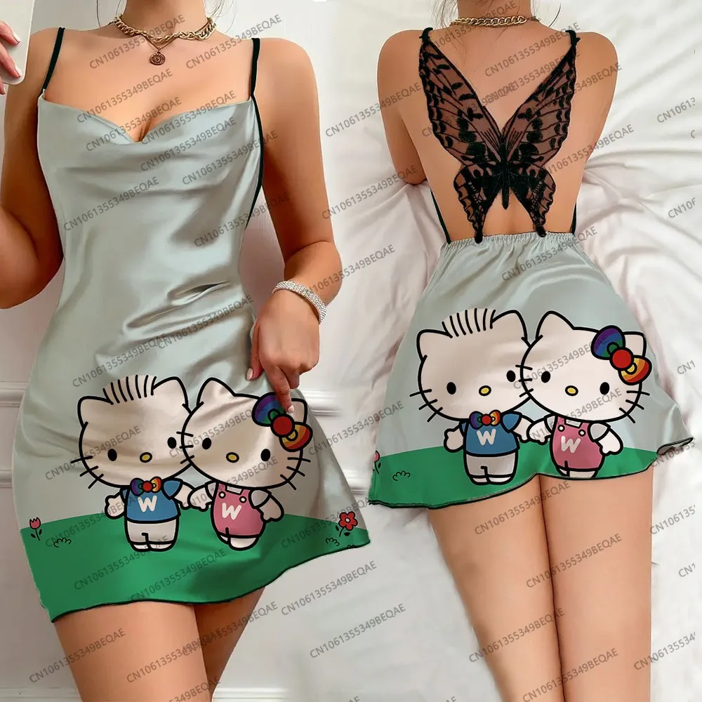 

Женская ночная рубашка с кружевом на подтяжках и принтом «Hello Kitty», женская летняя сексуальная юбка с открытой спиной, одежда для сна без рукавов с круглым вырезом, платье