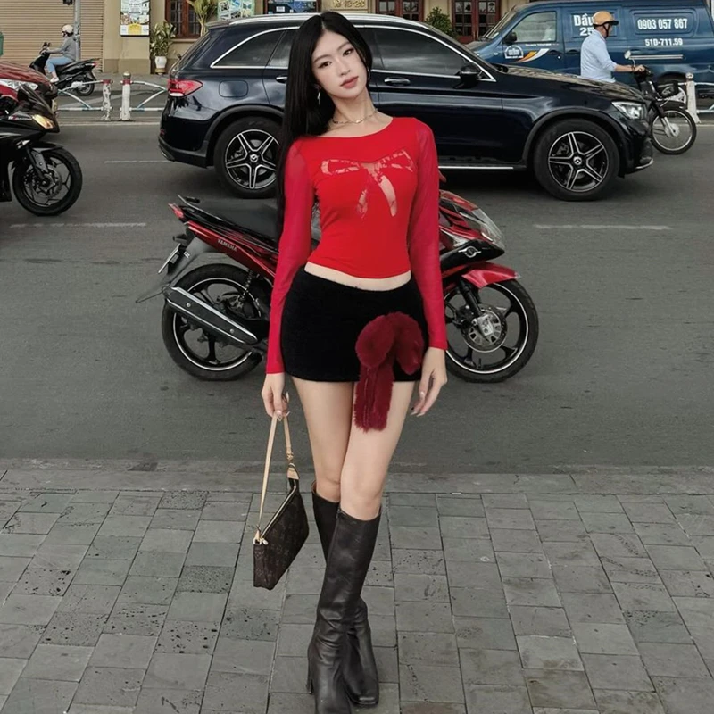 WhereMery Y2K Mesh hollow Bow Slim Crop Top Summer High Street Red Long Sleeve T-Skirt Women Sexy Night Club Party Tee