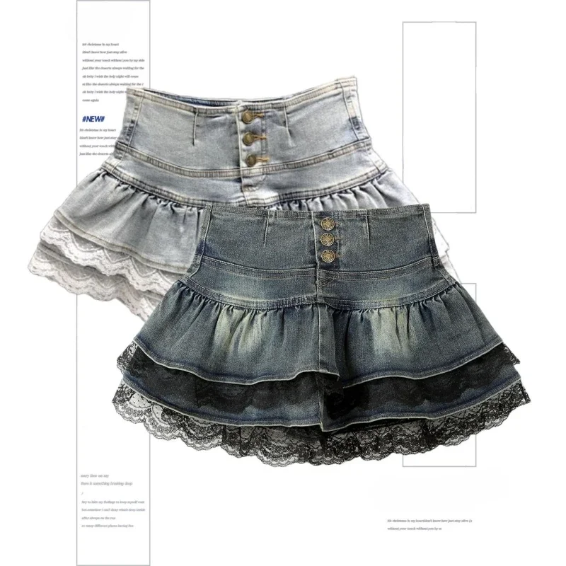 Summer Women Vintage Hottie Denim Pleated Skirt Lace Fold Design A-line Mini Skirt American Spicy Girl Korea New Fashion Clothes