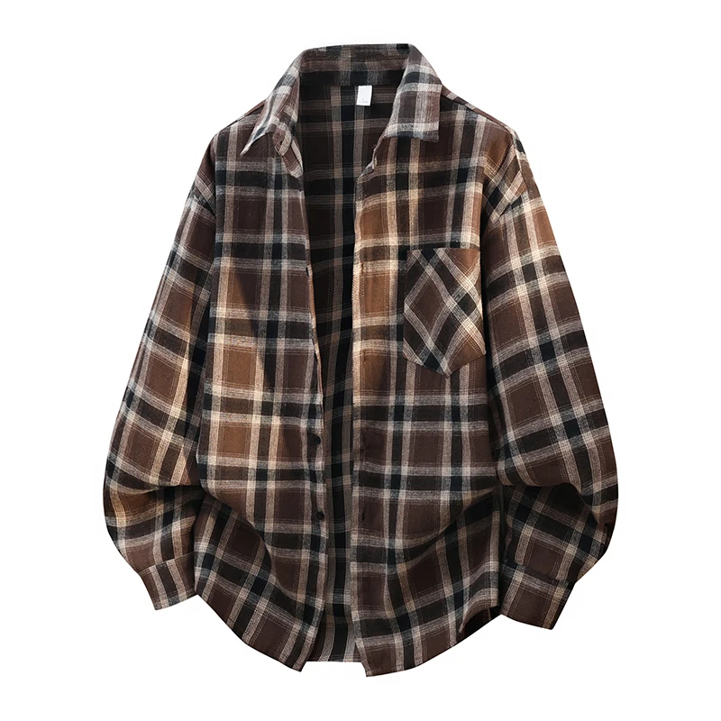 Autumn Winter Men's Vintage Plaid Shirt Long Sleeve Button Down Casual Streetwear Soft Brushed Tops Male College Brown Plus Size