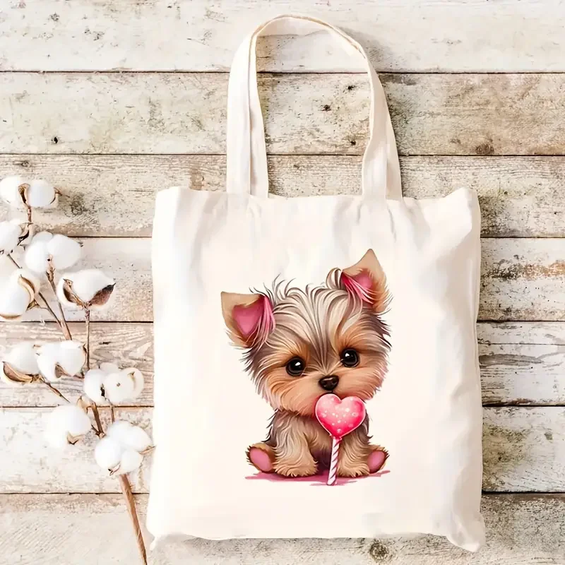 Playful Yorkshire Terrier Puppy Print Canvas Tote Bag Soft Handbag For Daily Commute And Daily Use