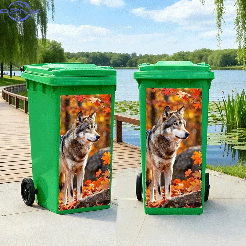 2D Flat Printing 1pc Trash Can Sticker, Autumn Lone Wolf Standing Theme Design, Self-Adhesive Wall Decal Wallpaper, Kitchen Tr