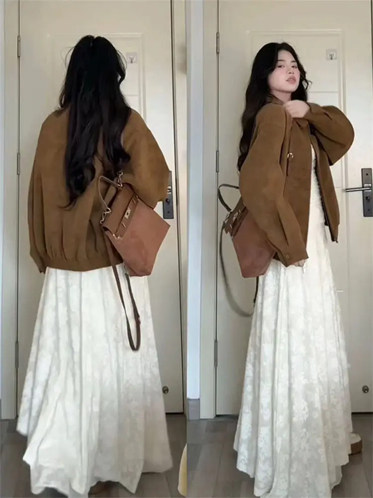 

Retro Suede Ne Jaet Women's Loose Casual Spring Autumn Coffee Color Outerwear Comfortable Soft Cotton Zipper Closure