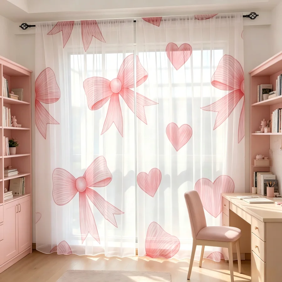 2PCS Digital Print Sheer Curtain, Pink Line Bow Tie Ribbon Cute Girly Fashion Window Drapes for Living Room Bedroom Home Decor