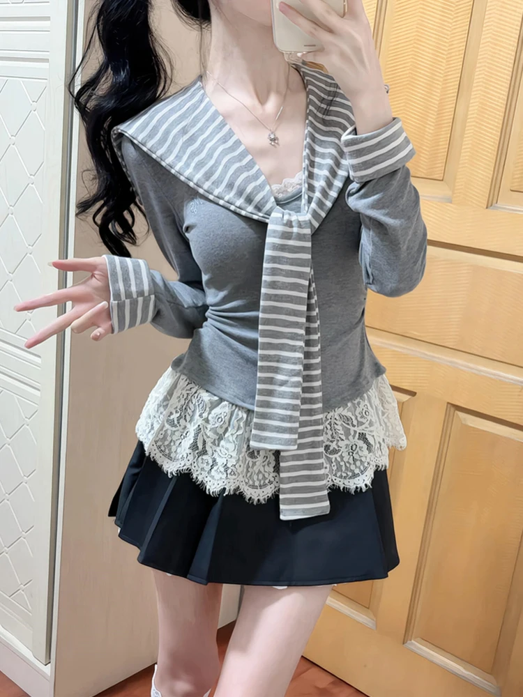 

Naval Collar Lace Splice Long Sleeve T-Shirt Women's Spring New Pleated Half Skirt Two-Piece Set College Style Striped Patchwork