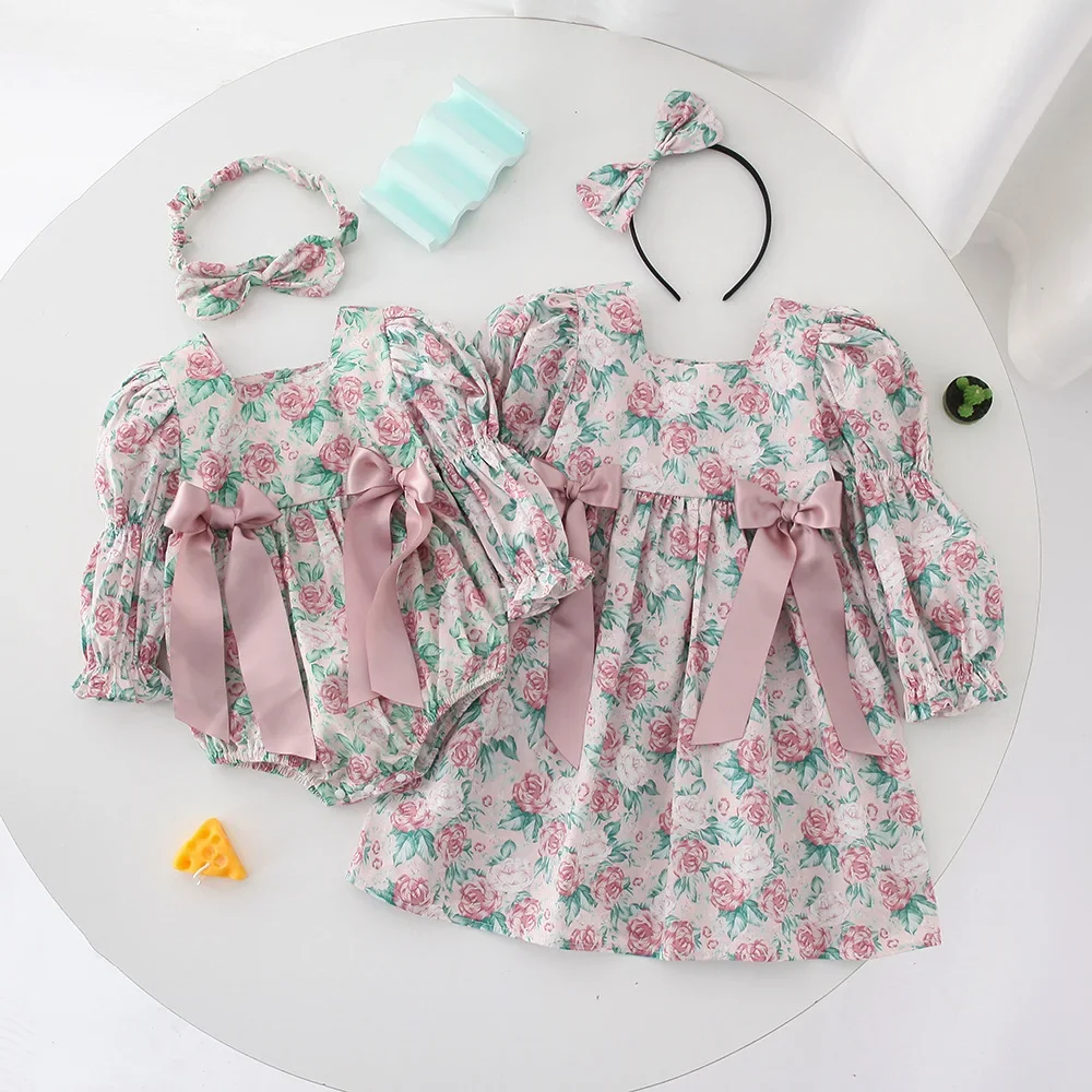 

Kids Girls Floral Bow Dress Infant Flower Print Romper Little Sister Big Sister Matching Long Sleeve Clothes Newborn Bodysuit