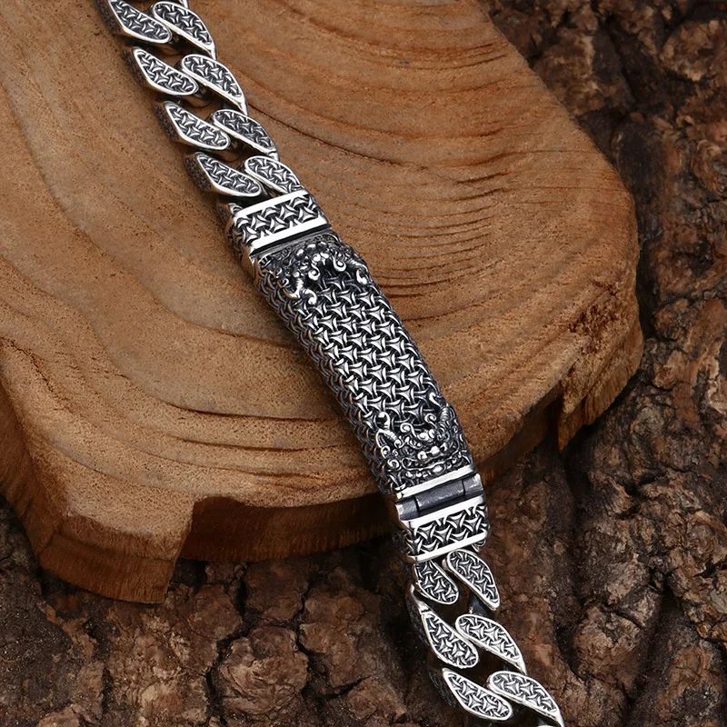 S925 Sterling Silver Armor Pattern Bracelet Simple Style Old Process Hip Hop Lion 18 20CM Cuba Chain Fine Jewelry FYBT110