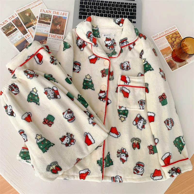 Sanrio Cartoon Pajama Pants Merry Christmas Kitty Flannel Pajama Pants Casual Christmas Day Gifts Home Pants Trousers New Hot