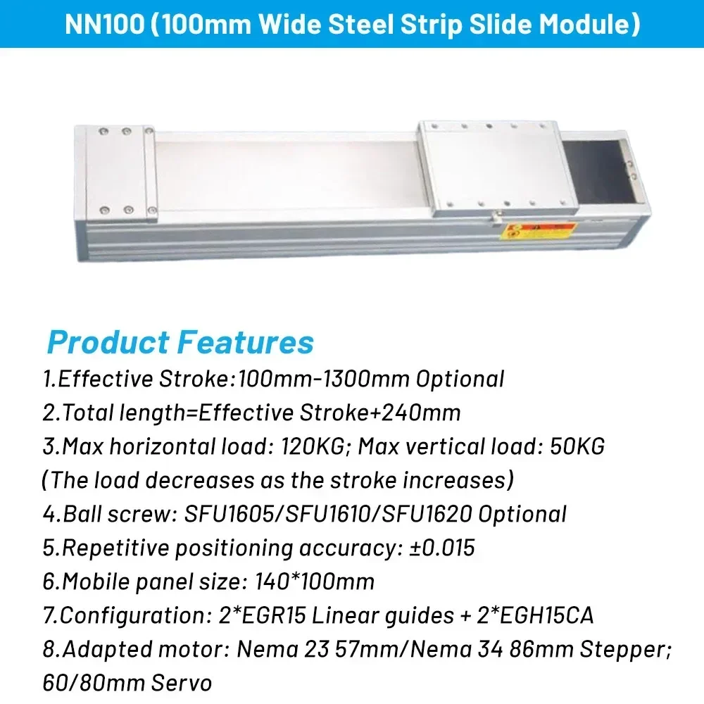 120Kg Heavy Load 100mm Wide Steel Strip Sliding Table Fully Enclosed CNC Linear Module Stage SFU1605 Repeated Accuracy ±0.02