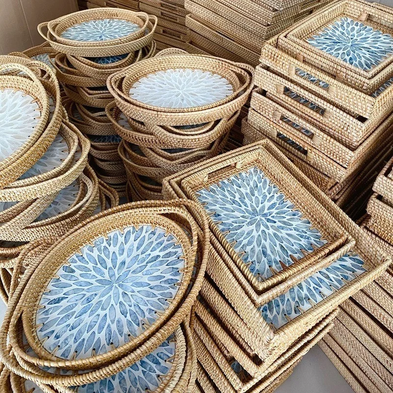 Nordic Color Shell Fruit Plate Decor Ornament Hand-woven Rattan Jewelry Storage Tray Swing Plate Tea Storage Tray Storage Basket