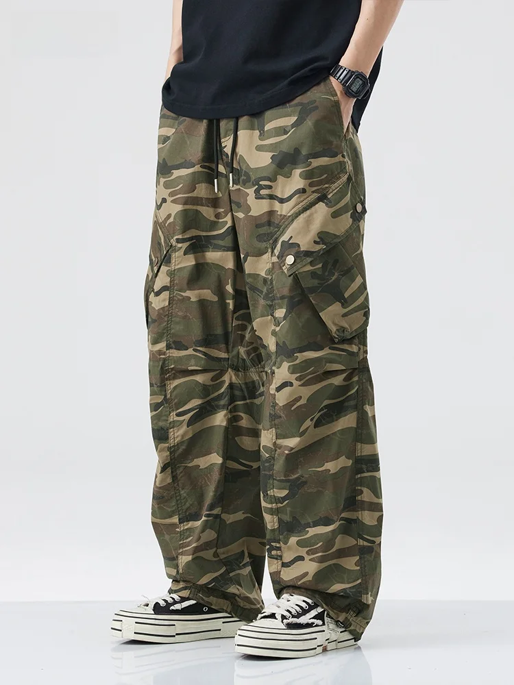 

Camouflage Work Pants Men's High Waist Loose Straight Leg Multi-ket Casual Trousers Cool Haome American Retro Sle