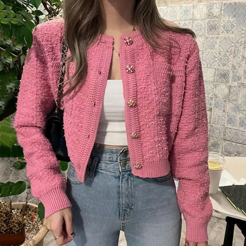 Korean Style Pink Round Neck Cropped Cardigans Women Chic Button Long Sleeve Knitted Coats Woman Elegant Pocket Short Cardigan