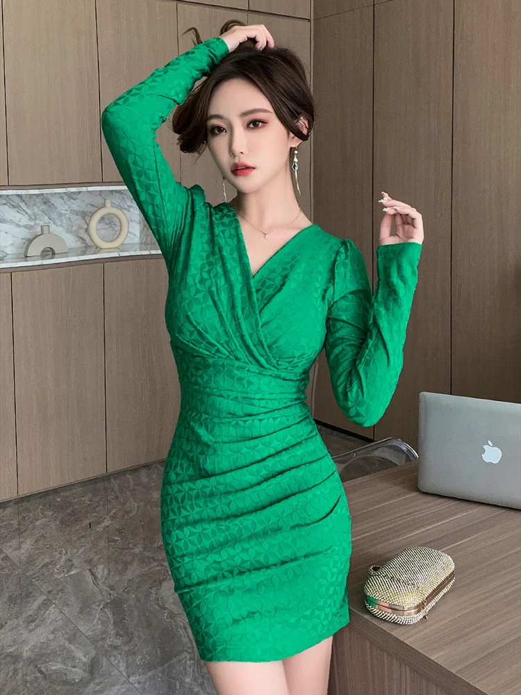 

Sexy Slim Solid Color MiniDresses For Women Autumn Long Sleeve Ruched Basic Dress Elegant