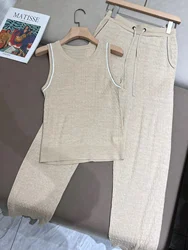 Pantalone da donna in lana di seta gilet Pullover a maniche corte lavorato a maglia leggero + pantaloni dritti a vita alta con coulisse Set da 2 pezzi