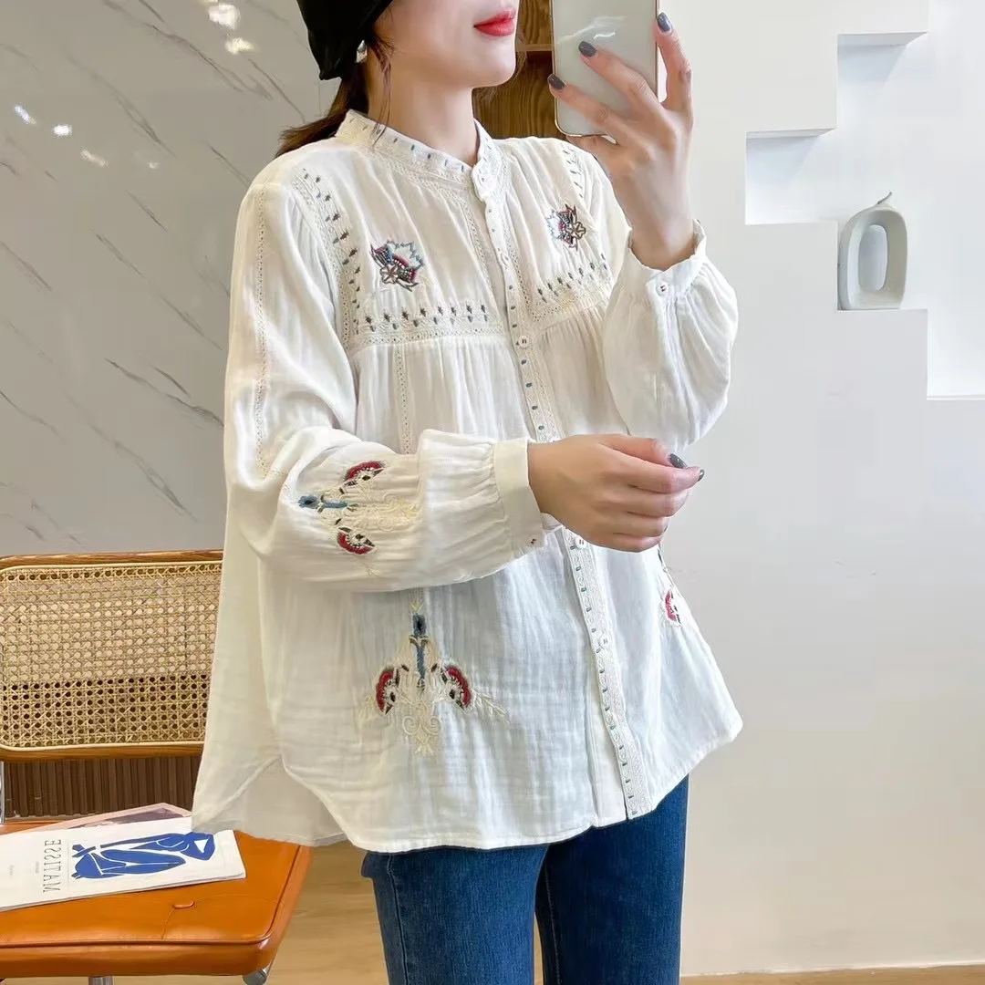 Women\'s Vintage Ethnic Style Embroidered Stand Collar Shirt Loose Cotton Yarn Navy Blue Blouse Literary White Long Sleeve Shirt