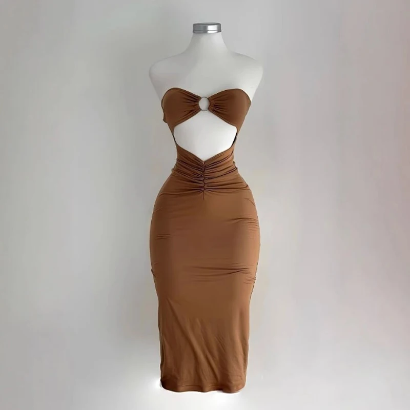 Mode femmes décontracté moulante élégant évider sans bretelles fête d'été sans manches Sexy robe de soirée plissée vêtements de rue