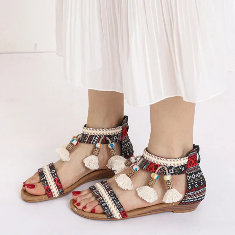 Bohemian Wedge Women Sandals European and American National Style Summer Ladies Open Toe Pendant Beads Tassel Travel Roman Shoe