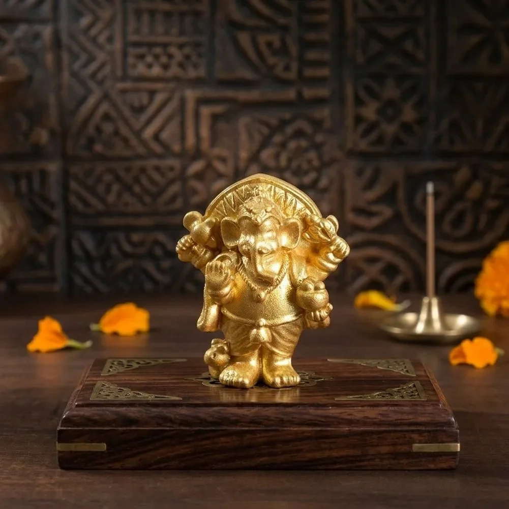Gold Resin Elephant Figurine Unique Elephant Trunk God Decor Decorative Fan Mystical Figure Design Compact 3.7cm Size