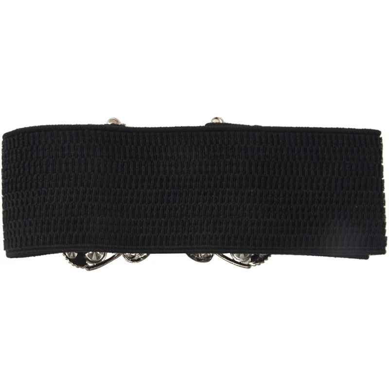 2 Pcs Women Rhinestones Accent Butterfly Hook Buckle Black Elastic Cinch Waist Belt - 56X7cm & 58X5cm image 2