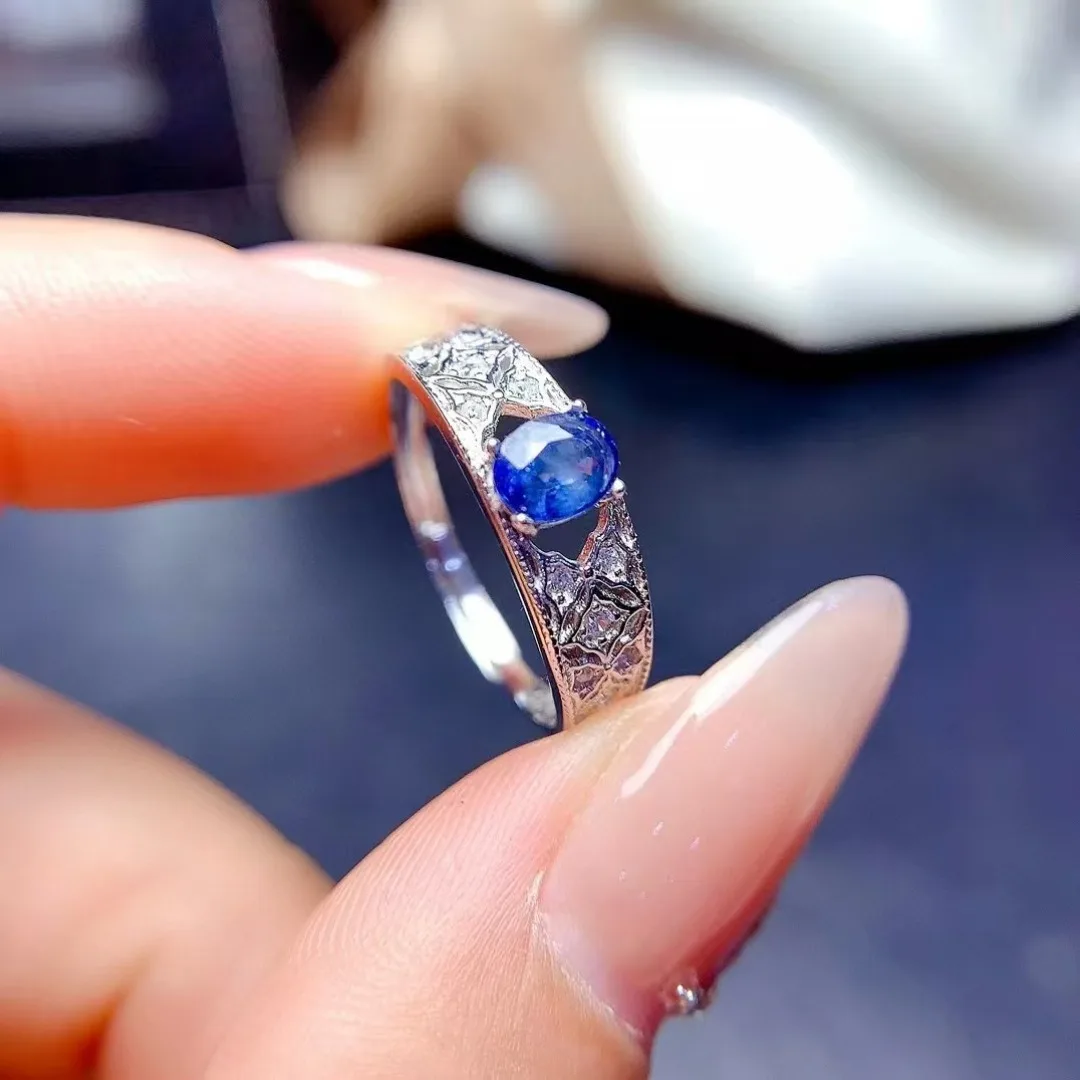 Ethnic Style Design Natural Sapphire Ring S925 Sterling Silver Beautiful Blue Gemstone Female Birthday Fine Gift