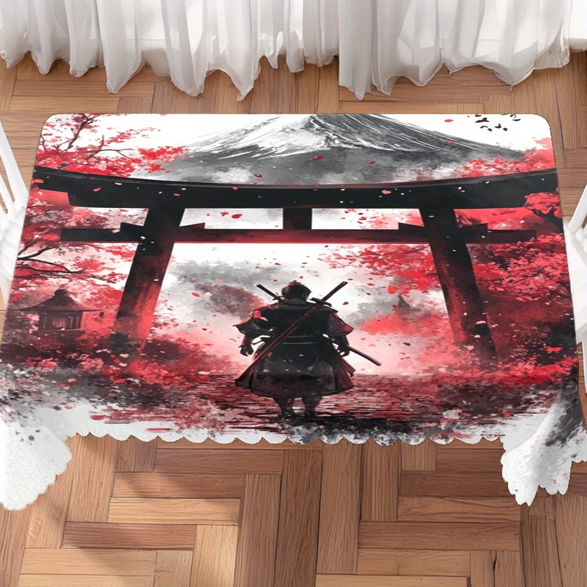 Japanese Samurai Torii Gate Cherry Blossom Waterproof Tablecloth, Rectangular Cover for Home Dining Oriental Themed Party Decor