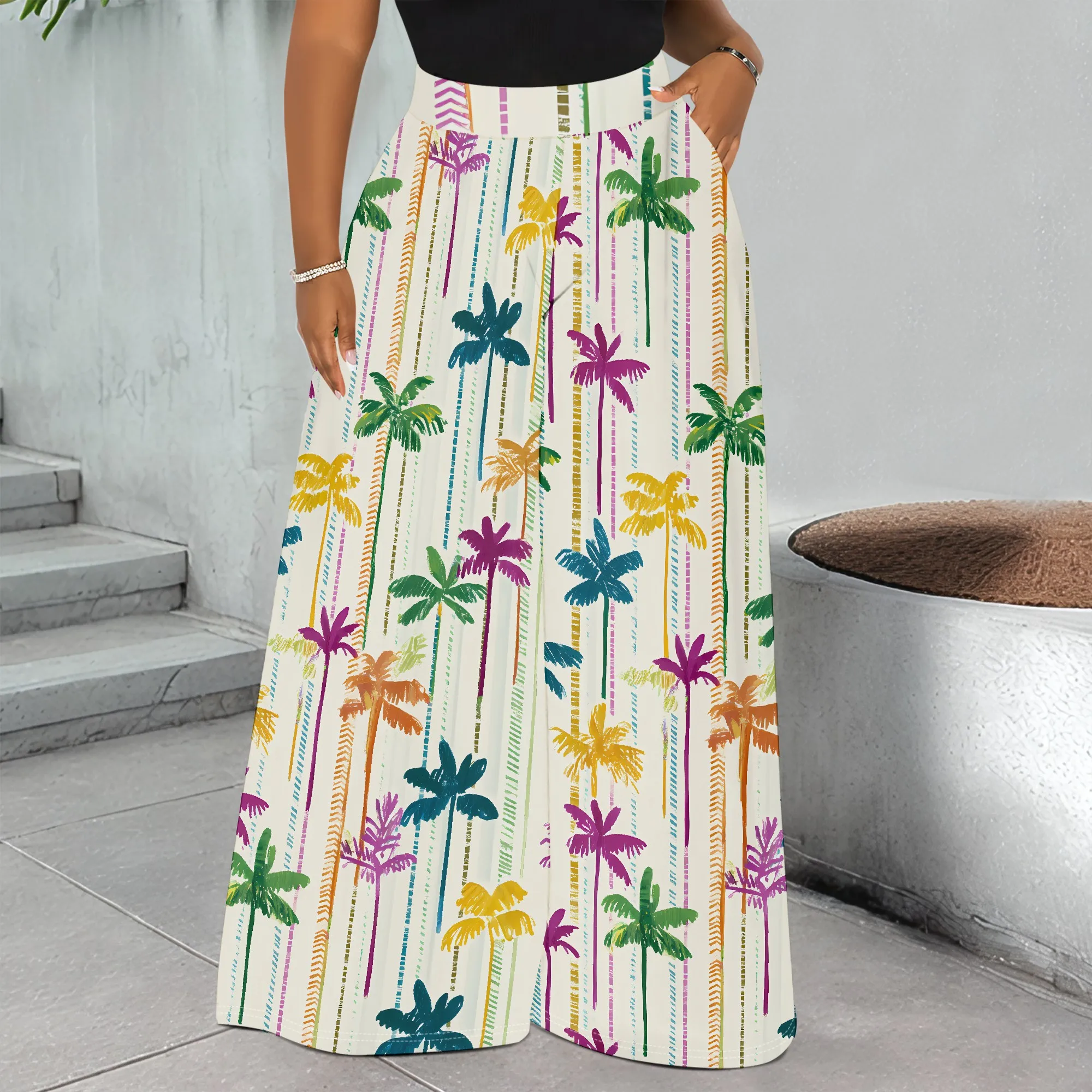 

Tropical Palm Print Wide Leg Pants, Summer Vacation Trousers, Beachwear Bottoms, Casual Loose Fit for Women, S-3XL