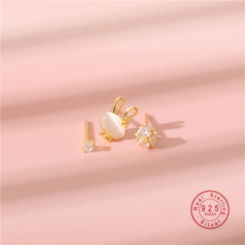 HI MAN 925 Sterling Silver Japanese 3 Pcs/Set Opal Rabbit Geometric Stud Earrings Women Fashion Simple Birthday Jewelry Gifts