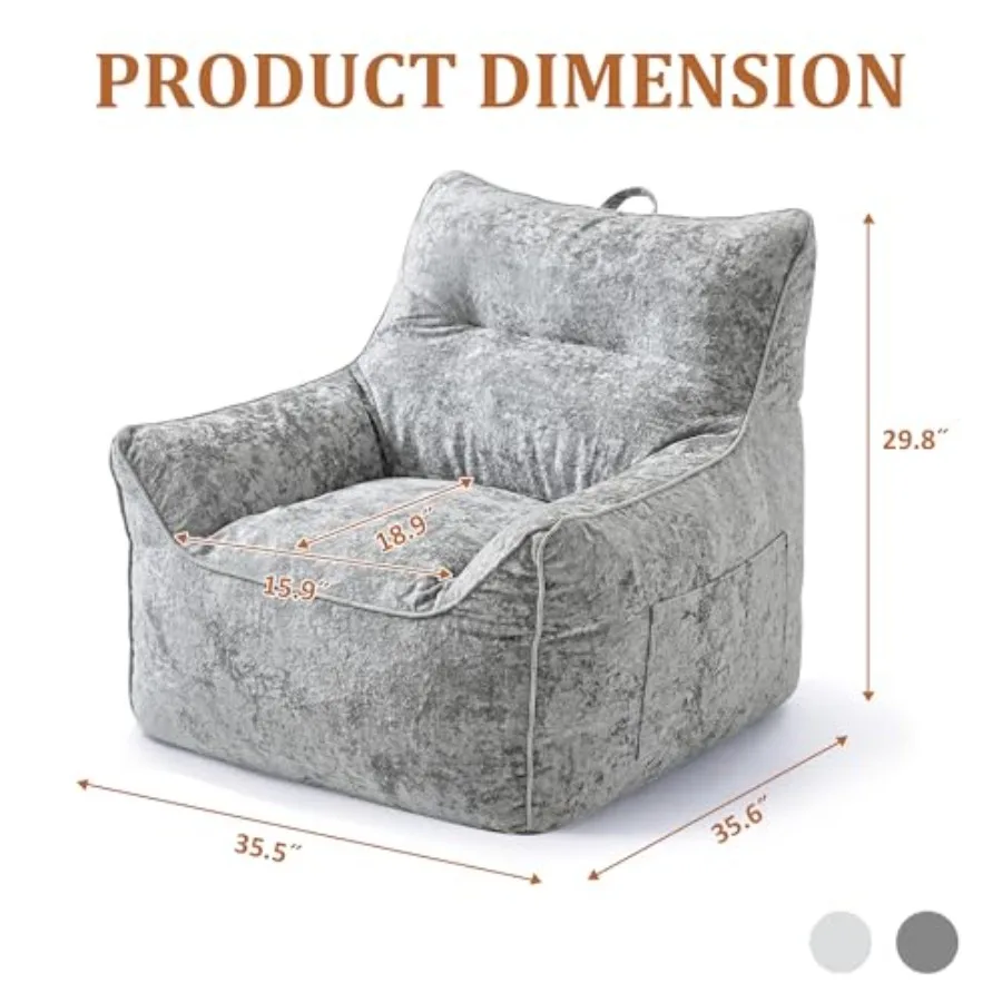 Luxury chenille bean bag chair for living room and bedroom, gray, high-density shredded foam filling with ergonomic back suppor