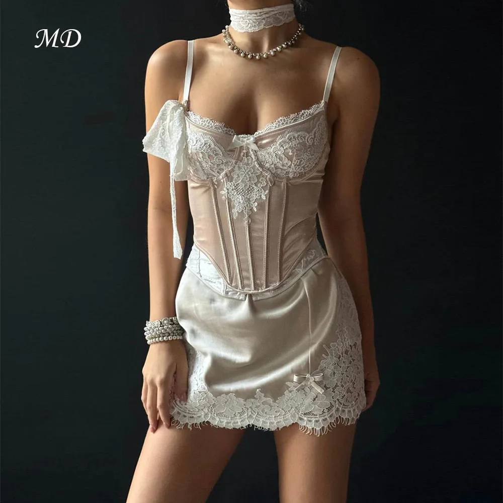 MD Vintage Mini Prom Gown Spaghetti Straps Champaghne Satin with Lace Cocktail Short Party Dresses Vestidos noiva Customized