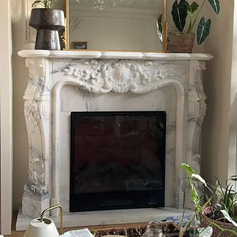 Marble fireplace stone carving European white marble French decorative background wall relief natural stone fireplace sculpture