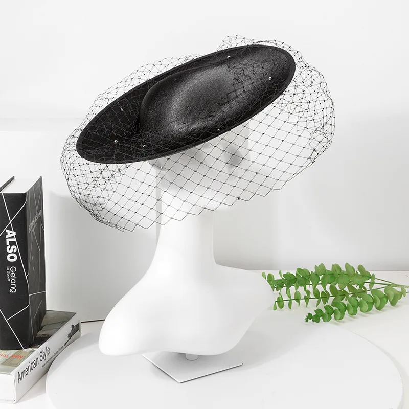 エレガントなヴィンテージブライダルハット、高級ネットベール、パーティー、結婚式用ヘッドウェア、女性用大きなつばのファッショナブルなアクセサリー