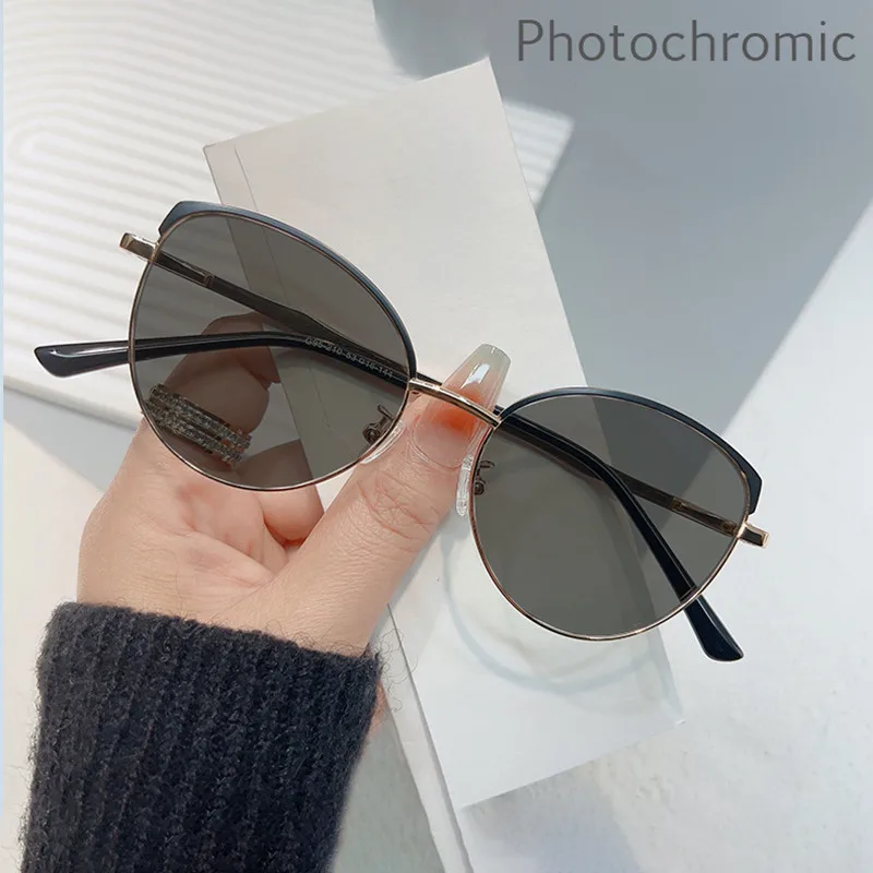 Brand Design Retro Round Cat Eye Metal Girls Frame Photochromic Anti Blue Light Computer Women Reading Glasses Degrees 0 ~ +6