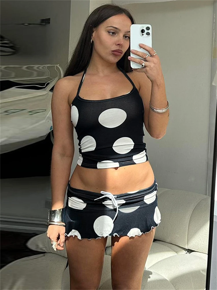 Absobe Y2K Polka Dot Mini Skirt 2 Piece Set Women Halter Crop Tank Top Low Rise Short Skirt Slim Outfit Streetwear Leisure Suit