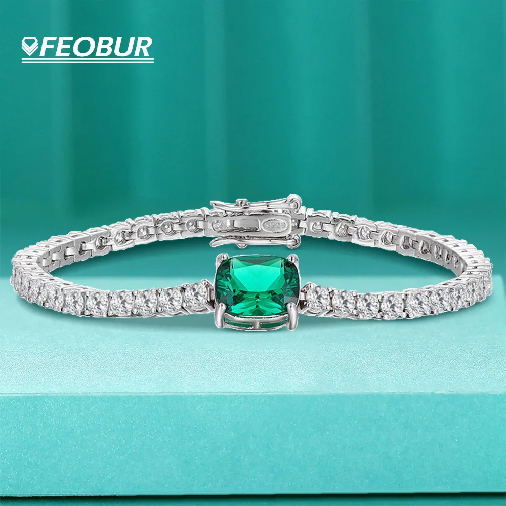 

Moissanite Tennis Bracelet for Women 925 Sterling Silver 8*10mm 4ct Green Color Rectangle Lab Diamond Bangle Luxury Jewelry Gift